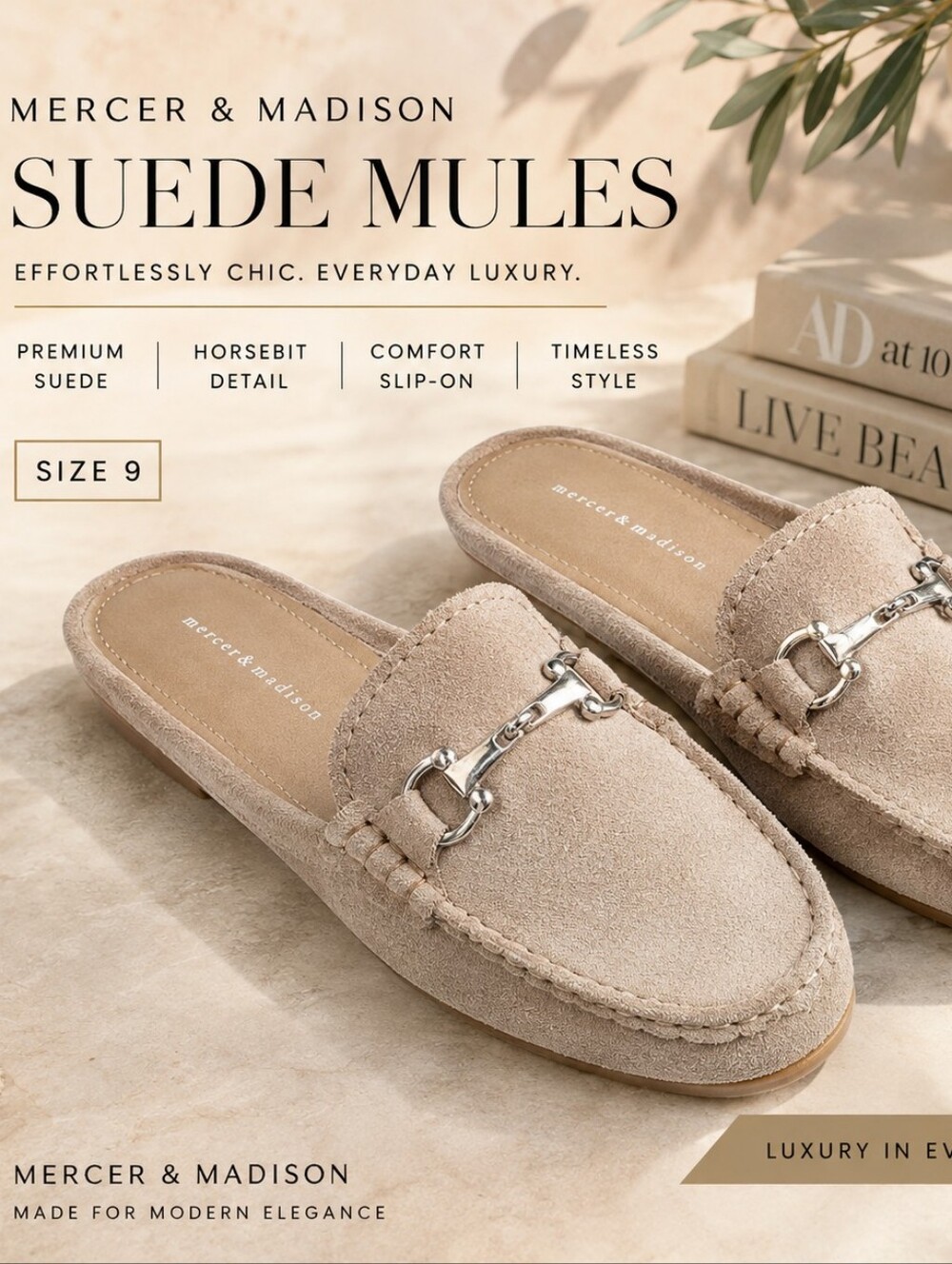New Mercer & Madison Taupe Suede Horsebit Slip-On Mules